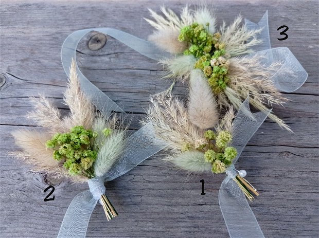Cocarde nuntă/Brățări domnișoare onoare-flori naturale uscate, Gypsophilia Verde-Pampas-Lagurus