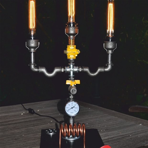 lampa sfesnic suport de lemn steampunkdesigncj, lampa steampunk, corp de iluminat