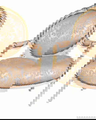 Set doua semifotolii din lemn masiv alb cu auriu cu tapiterie cu flori