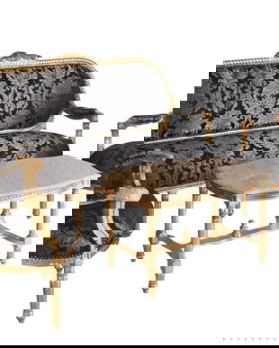 Set living din lemn masiv auriu cu tapiterie albastra