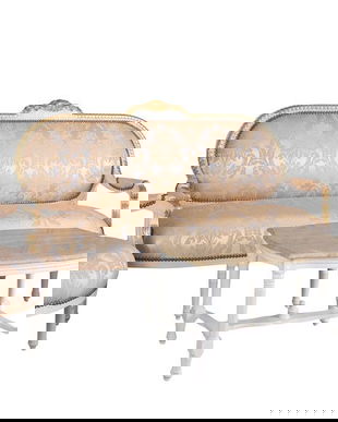 Set living din lemn masiv alb cu auriu cu tapiterie cu flori