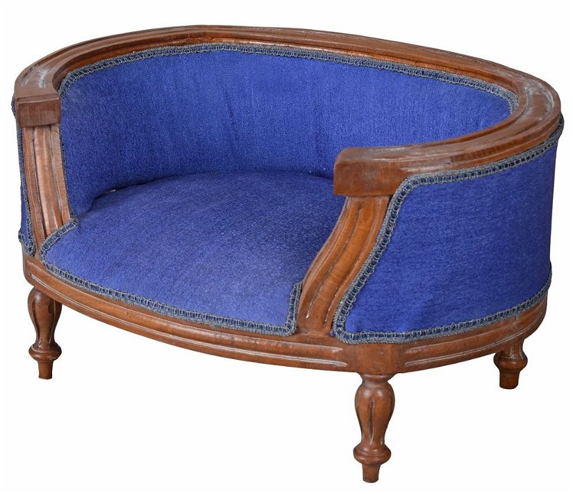 Canapea pentru caine din lemn mahon cu tapiterie albastra