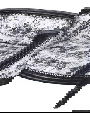 Canapea pentru caine din lemn masiv negru cu tapiterie alb cu negru