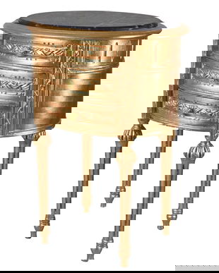 Comoda ovala din lemn masiv auriu cu blat din marmura neagra