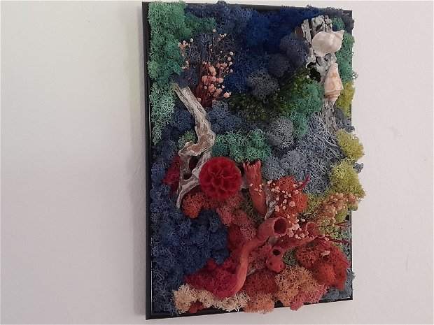 Decor marin-recif, tablou cu licheni, cu suport pentru birou