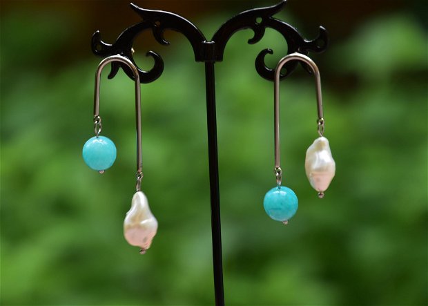 Cercei jad si perle de cultura cu accesorii metalice de otel chirurgical