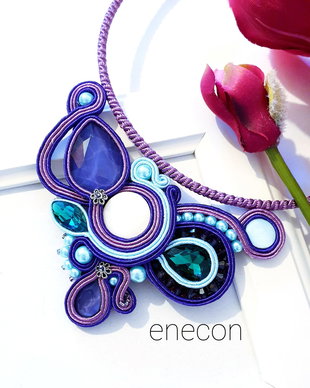 Colier lila cu sidef si cristale, Colier soutache