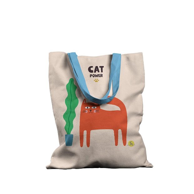 Geanta Handmade Tote Basic, Cat Power Pisica si Ghiveci cu Planta, Multicolor, 43x37 cm