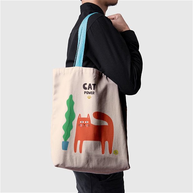 Geanta Handmade Tote Basic, Cat Power Pisica si Ghiveci cu Planta, Multicolor, 43x37 cm