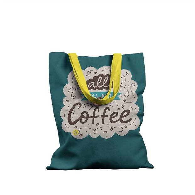 Geanta Handmade Tote Basic, Motto All You Nees is Coffee, Multicolor, 43x37 cm