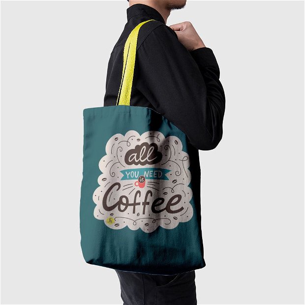 Geanta Handmade Tote Basic, Motto All You Nees is Coffee, Multicolor, 43x37 cm