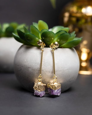 Cercei Cristale Drop Ametist Brut, Placati Cu Aur 18K, Nirmala
