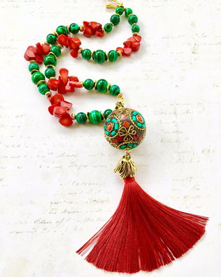 Colier Nepalez coral rosu & malachit