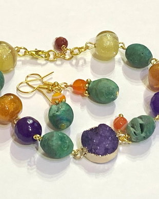 BRATARA ȘI CERCEI ~GLAMOUROUS SUMMER~ agate druzy,jad,murano,accesorii aurii