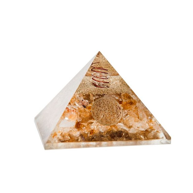 Piramida Abundentei Orgonit, Drava, Din Pietre Semipretioase De Citrin, Cu Simbol Floarea Vietii Si Varf De Cristal Vibrational