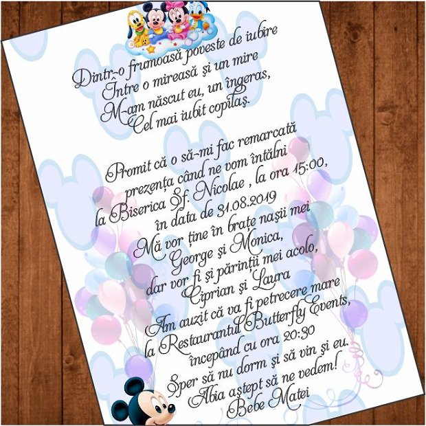 Invitatie Botez, Mickey Mouse, Format A5