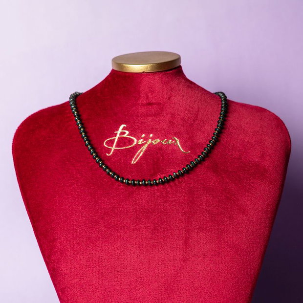 Colier Din Pietre Semipretioase Agat Negru, Chocker Kamia Cu Inchizatoare Din Cupru, Placat Cu Aur De 18K