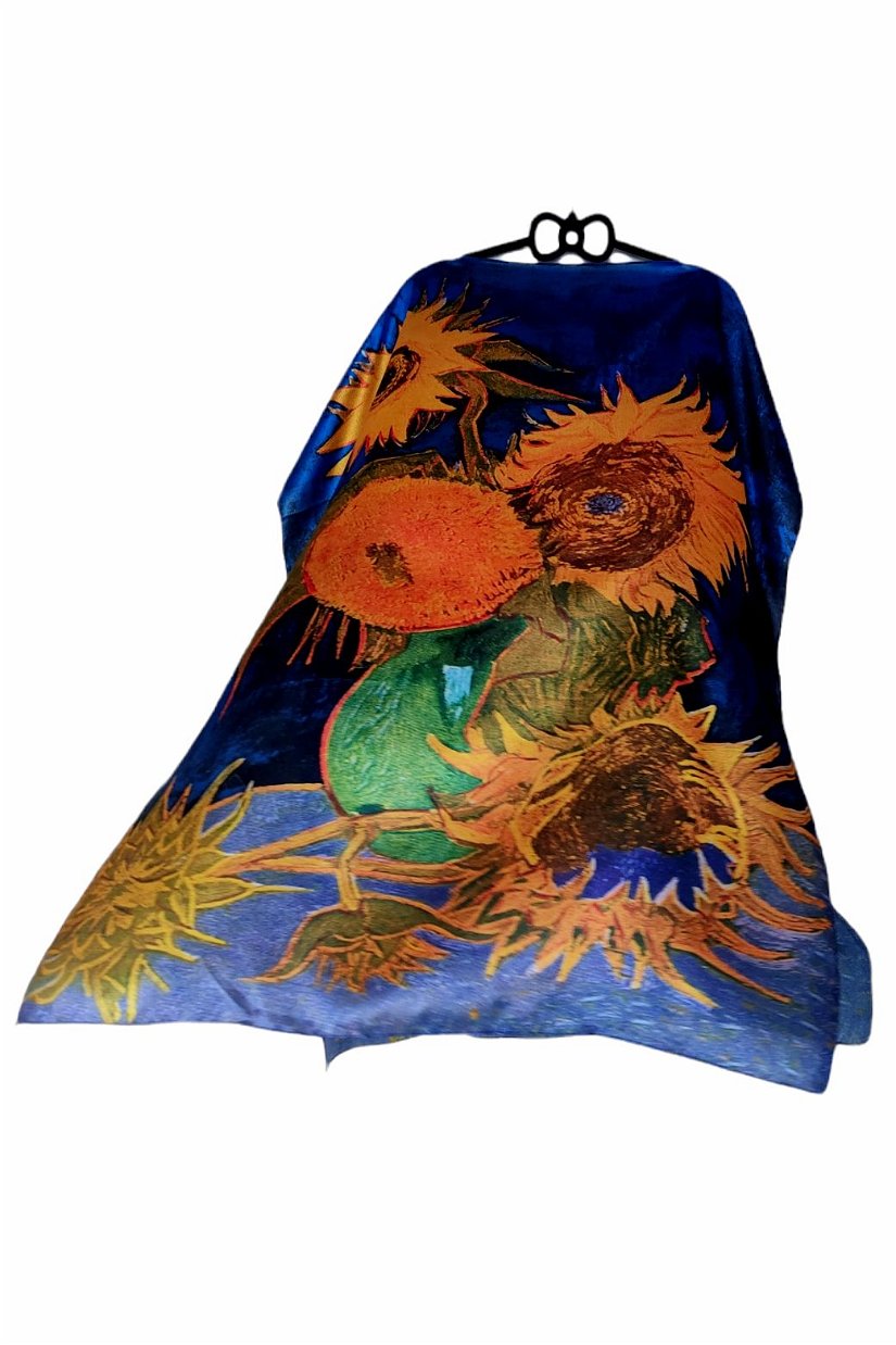 Rochie plaja tip poncho, imagine pictura vaza cu floarea soarelui pe fond albastru inchis