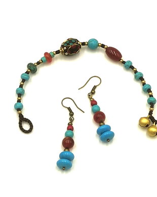 Set bratara si cercei lucrate manual, howlit turcoaz si agate - 2913