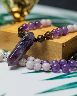 Tanay, Colier Mala 108 Cu Varf Dublu De Ametist Si Margele De Kunzit, Smoky Quartz Si Cuart Transparent