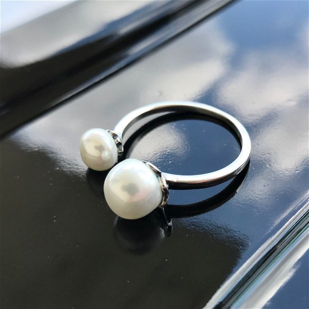 Inel reglabil din argint 925 cu perle rotunde Shell/ DOUBLE PEARL