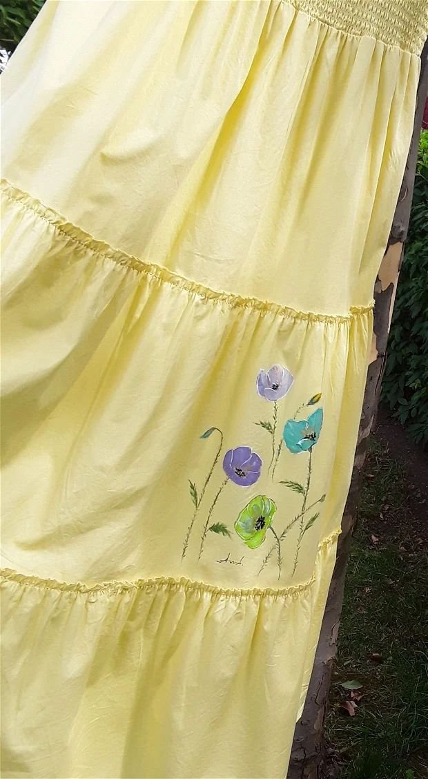 rochie de vara galbena pictata manual cu maci colorati