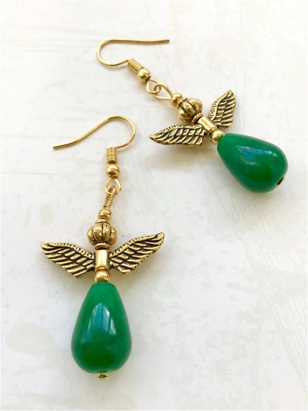 Cercei Jad verde & aripi înger aurii