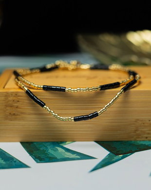 Colier Placat Cu Aur 18 K, Pietre Semipretioase Choker Pietre Naturale Agat Negru Si Sunstone Miyuki Seed, Elegant Vania