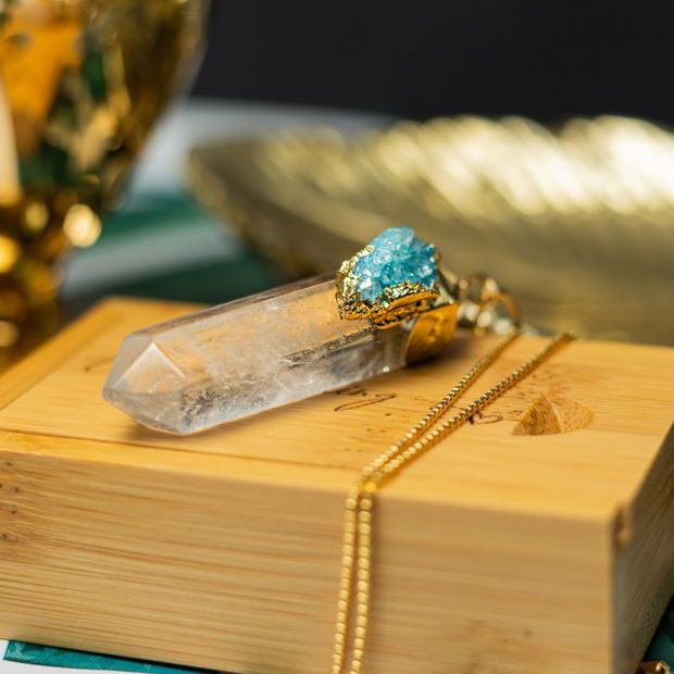 Lant Cristale Ira  Cu Pandantiv Cristal De Stanca, Varf De Cuart Transparent, Placat Cu Aur 18K Si Druzy Agate