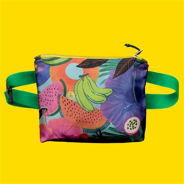 Borseta Handmade Fanny Pack, Pattern cu Fructe si Plante Exotice, Multicolor, 22x19 cm