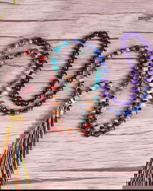 Colier Cristale 7 Chakre Anaya Din Rodonit, Jasp Rosu, Picture Jasp, Epidot, Pectolit, Lapis Lazuli Si Ametist Cu Ciucuri