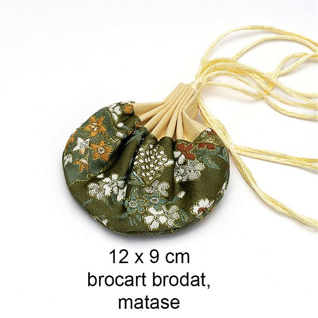 Punguta brocart cu broderie florala matase, calitate AAA, 12 x 9 cm, PC-074
