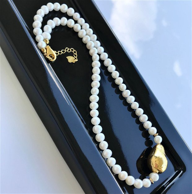 Colier argint 925 cu perla baroc electroplacata auriu  și perle de cultura