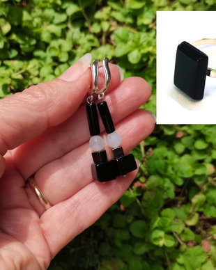 Set cercei si inel din Onix, Hematit si Agate Botswana - CE307, IN307 - Cercei onix, cercei negri, inel onix, cadou iubita, cadou prietena, cadou sotie, cadou Craciun