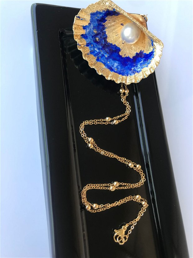 Colier cu scoica pictată și perla baroc/ DEEP BLUE