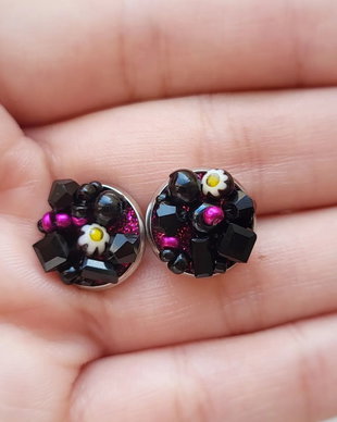 Cercei mici cu pietre negre, fucsia si Millefiori