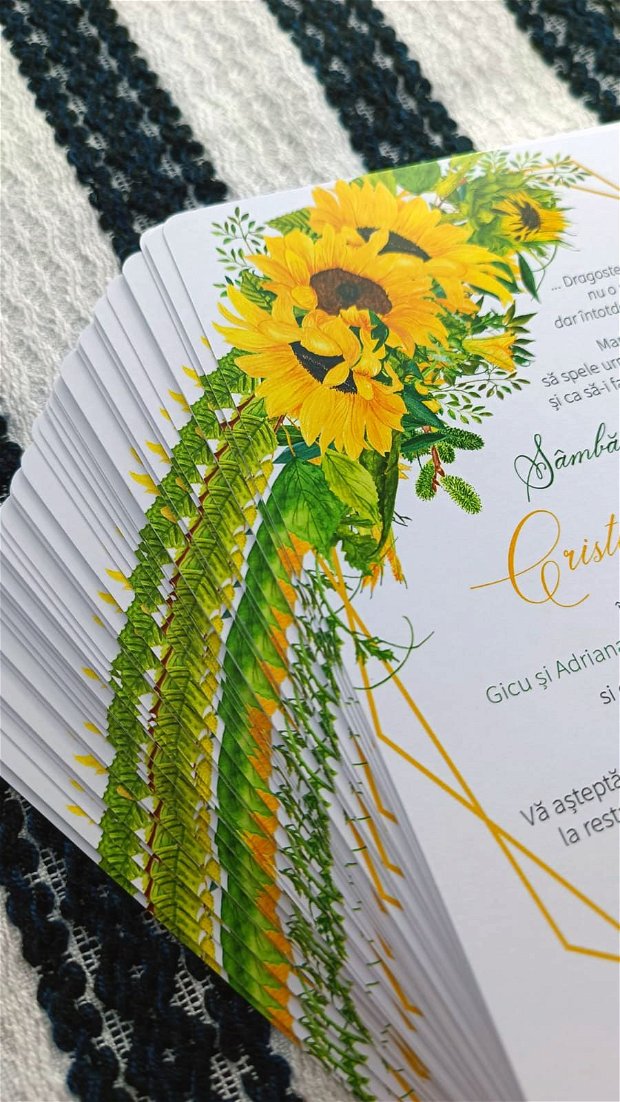 Invitatie nunta Floarea Soarelui, invitatie simpla, invitatie rustica, galben