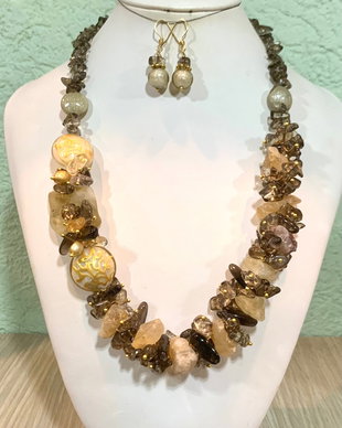 SET~DELUXE CITRINE~citrin brut,cuarț fumuriu,murano,accesorii aurii,inox aurit