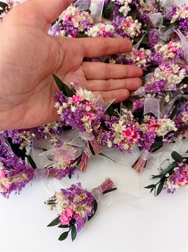 Cocarde nuntă-flori naturale uscate, Lila Alb Roz