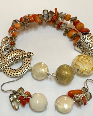 BRATARA ȘI CERCEI~ORANGE SUMMER~cuarț fumuriu,coral,murano,inox,accesorii argintate