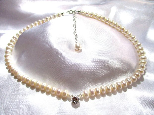 Colier argint, perle de cultura alb ivoire si cristal swarovski