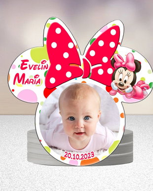 Marturie botez Minnie, magnet personalizat decupat pe contur forma Minnie in plic alb