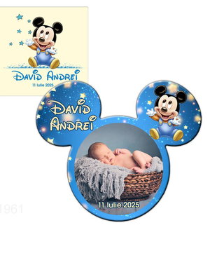 Marturie botez baby Mickey Mouse magnet cu plic nunata crem