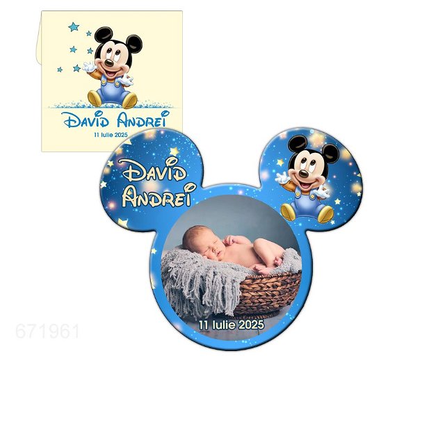 Marturie botez baby Mickey Mouse magnet cu plic nunata crem