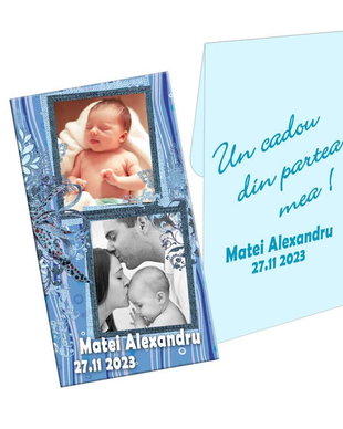 Marturie botez, personalizare cu doua fotografii, plic bleu