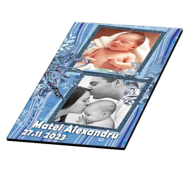 Marturie botez, personalizare cu doua fotografii, plic bleu