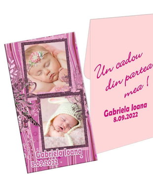 Marturie botez, personalizare cu doua fotografii, plic roz