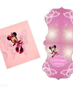 nvitatii botez personalizate cu fotografie, forma vintage, tematica Minnie, culoare roz