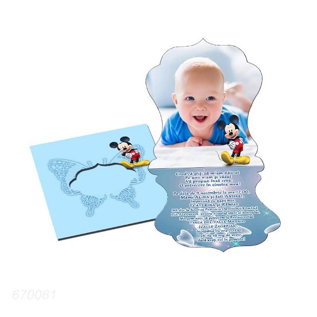 Invitatii botez personalizate cu fotografie, forma vintage, tematica Mickey, culoare bleu