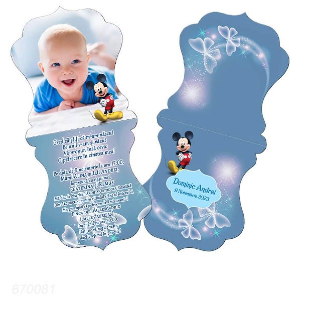 Invitatii botez personalizate cu fotografie, forma vintage, tematica Mickey, culoare bleu